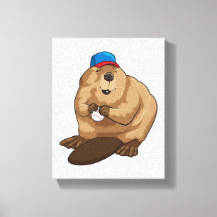 Beaver at Baseball with Baseball ball Canvas Print