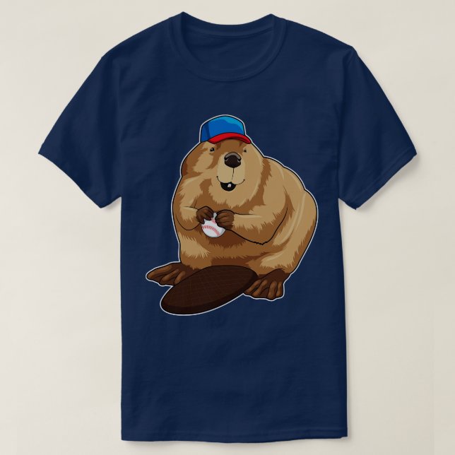Beaver at Baseball with Baseball ball T-Shirt (Design Front)