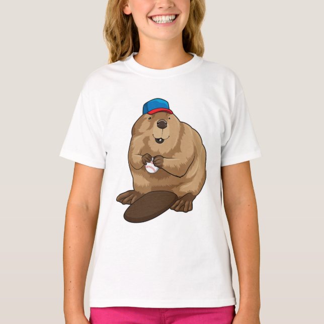 Beaver at Baseball with Baseball ball T-Shirt (Front)