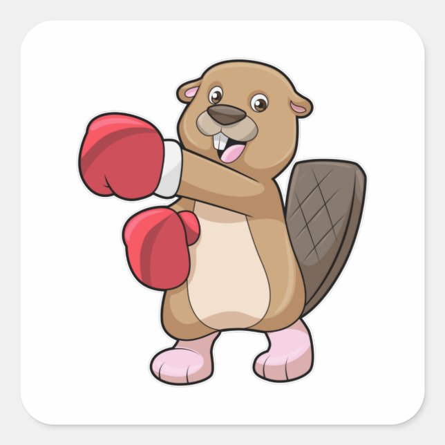 Beaver at Boxing with Boxing gloves Square Sticker (Front)