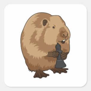 Beaver at Chess with Chess piece Bishop Square Sticker