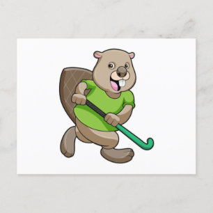 Beaver at Hockey with Hockey bat Postcard