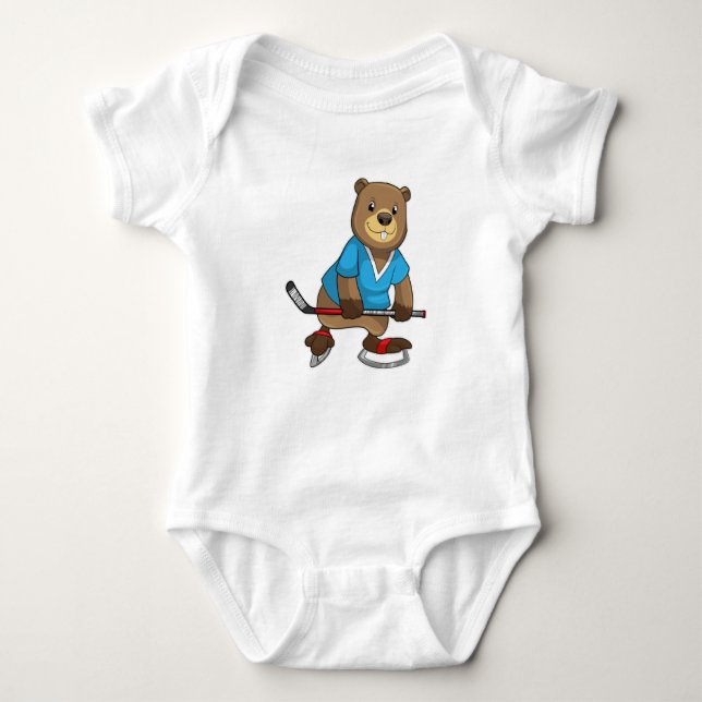 Beaver at Ice hockey with Ice hockey stick Baby Bodysuit (Front)