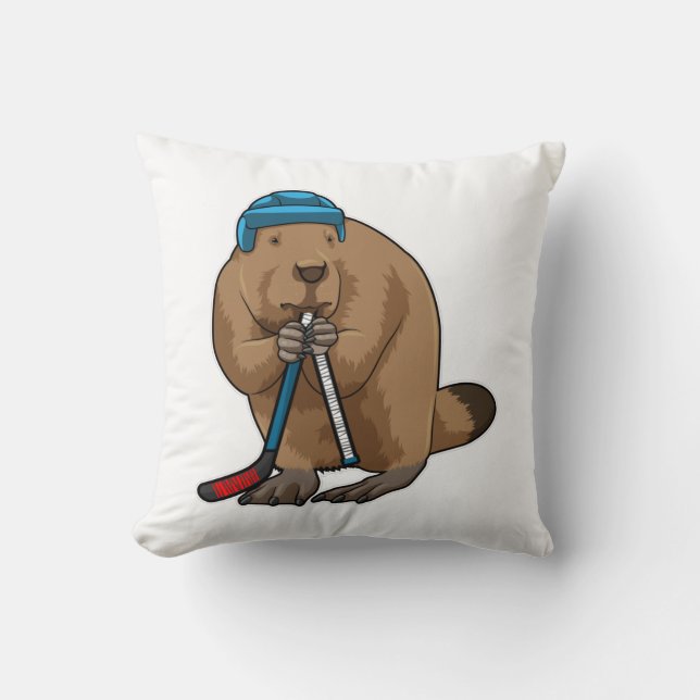 Beaver at Ice hockey with Ice hockey stick Cushion (Front)