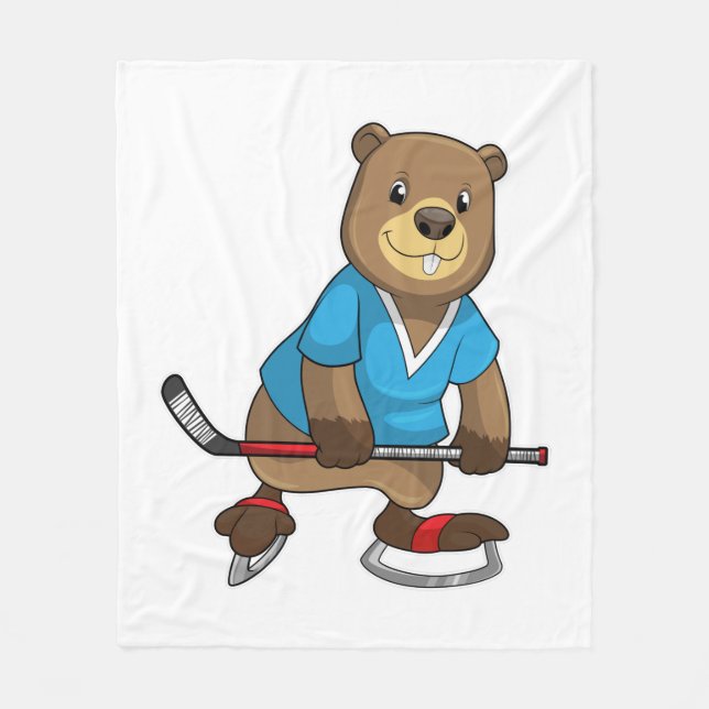 Beaver at Ice hockey with Ice hockey stick Fleece Blanket (Front)