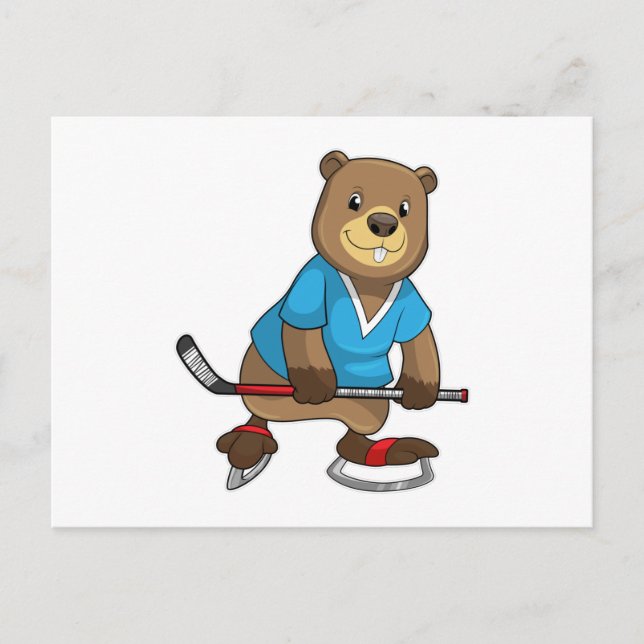 Beaver at Ice hockey with Ice hockey stick Postcard (Front)