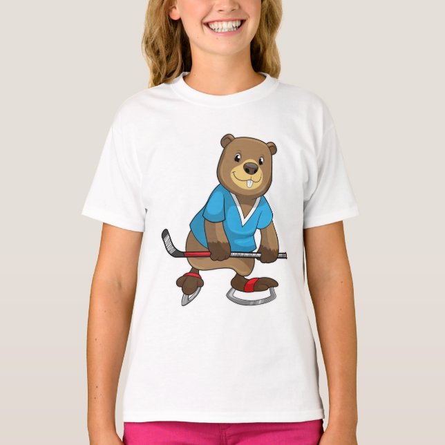 Beaver at Ice hockey with Ice hockey stick T-Shirt (Front)