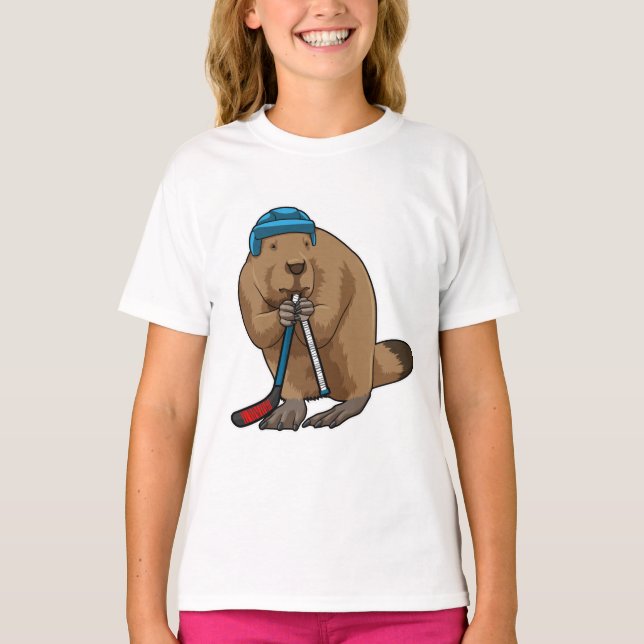 Beaver at Ice hockey with Ice hockey stick T-Shirt (Front)