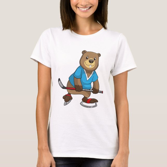 Beaver at Ice hockey with Ice hockey stick T-Shirt (Front)