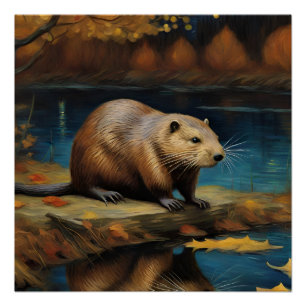Beaver at night by Van Gogh AI Generated  Poster