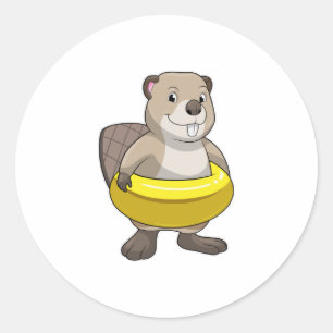 Beaver at Swimming with Swim ring Classic Round Sticker