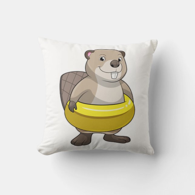 Beaver at Swimming with Swim ring Cushion (Front)