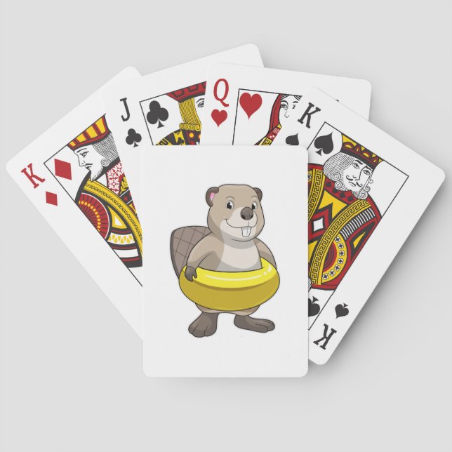 Beaver at Swimming with Swim ring Playing Cards (Back)