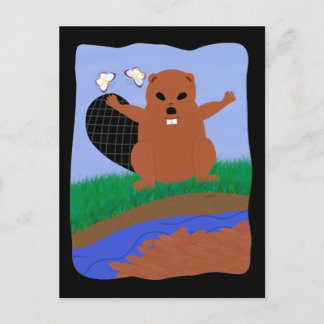 Beaver Building Dam Cartoon Art Postcard