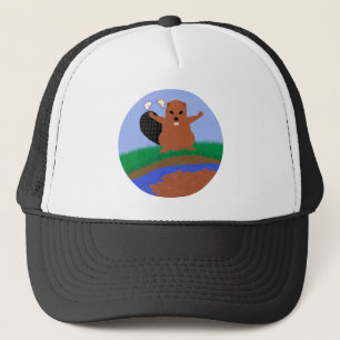 Beaver Building Dam Cartoon Art Trucker Hat