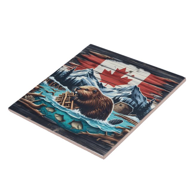 Beaver Building Dam in Canadian Wilderness Scene Ceramic Tile (Side)