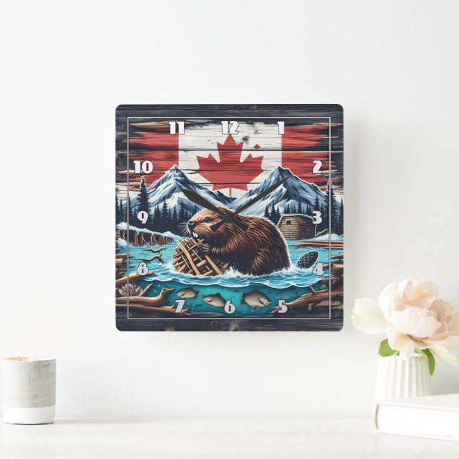 Beaver Building Dam in Canadian Wilderness Scene Square Wall Clock (Home)