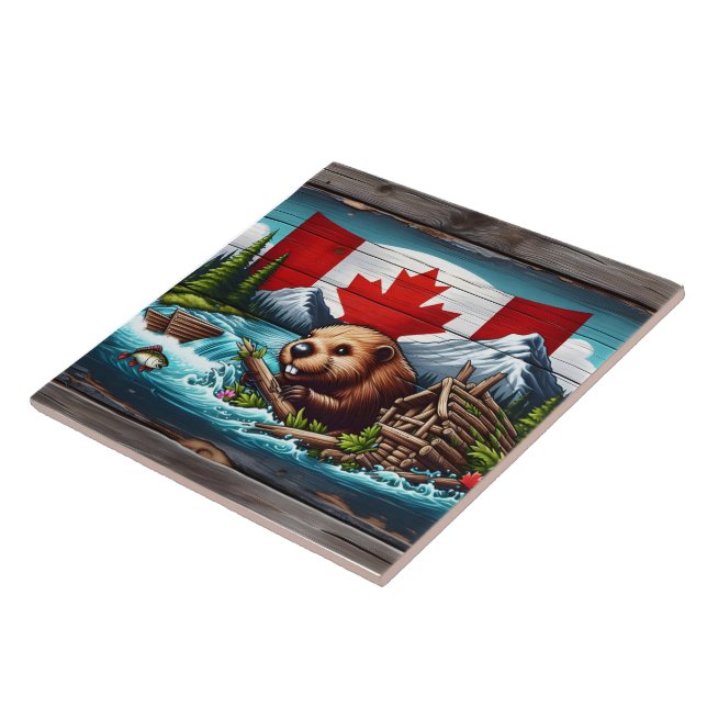 Beaver Building Dam Near Canadian Flag Ceramic Tile (Side)