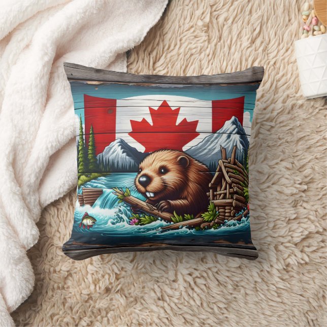 Beaver Building Dam Near Canadian Flag Cushion (Blanket)