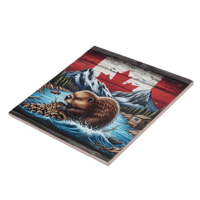 Beaver Building Dam With Canadian Flag Background Ceramic Tile (Side)