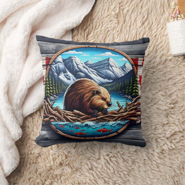 Beaver Building Lodge by Mountain Lake in Canada Cushion (Blanket)