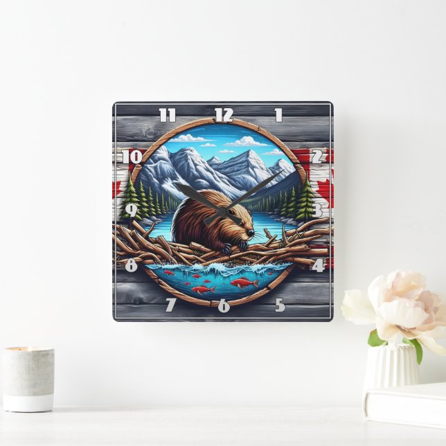Beaver Building Lodge by Mountain Lake in Canada Square Wall Clock (Home)