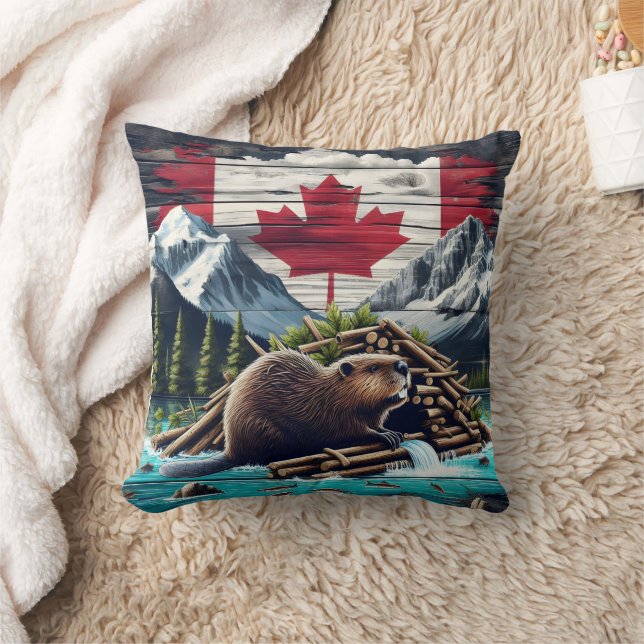 Beaver Building Lodge Near Canadian Flag at Dusk Cushion (Blanket)
