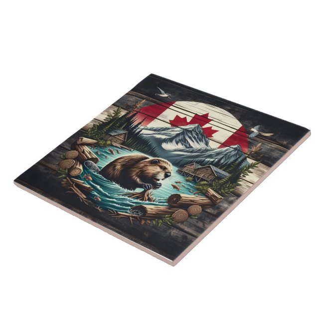 Beaver Building Lodge Near Canadian Wilderness Ceramic Tile (Side)