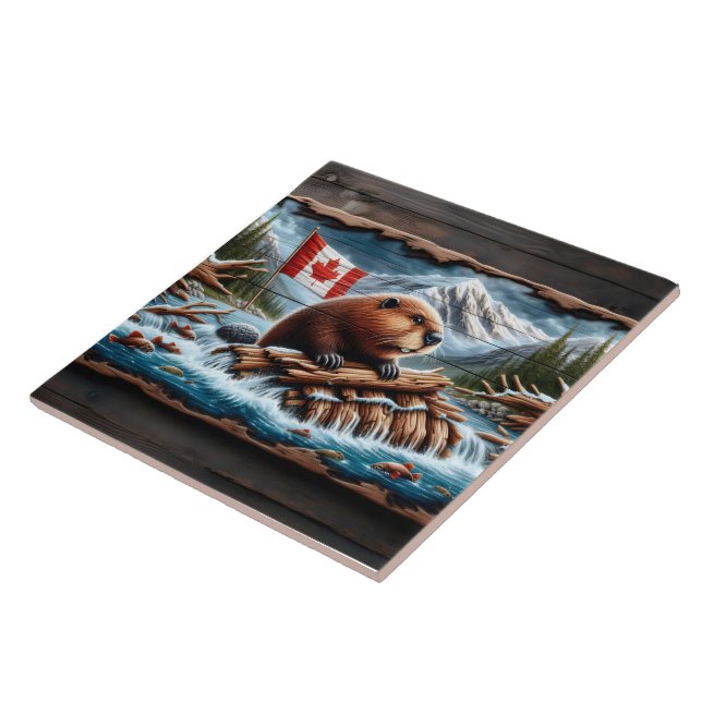 Beaver Builds Lodge by Mountain Stream Ceramic Tile (Side)