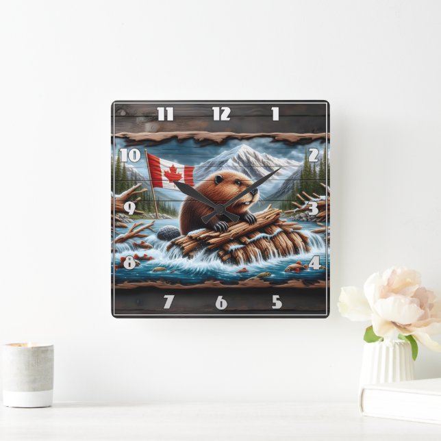 Beaver Builds Lodge by Mountain Stream Square Wall Clock (Home)