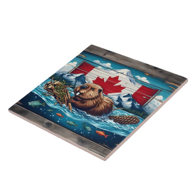Beaver Builds Lodge, Flag Behind Ceramic Tile (Side)