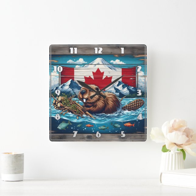 Beaver Builds Lodge, Flag Behind Square Wall Clock (Home)