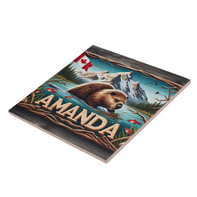 Beaver Builds Lodge in Calm Waters Ceramic Tile (Side)