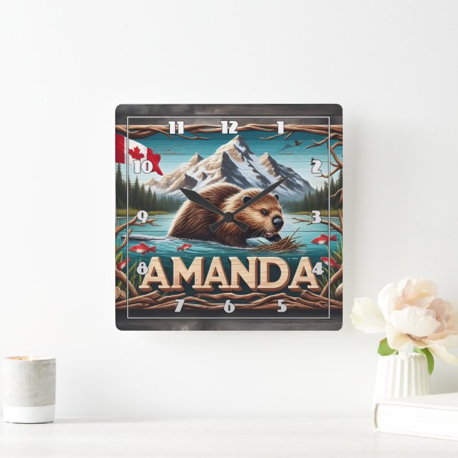 Beaver Builds Lodge in Calm Waters Square Wall Clock (Home)