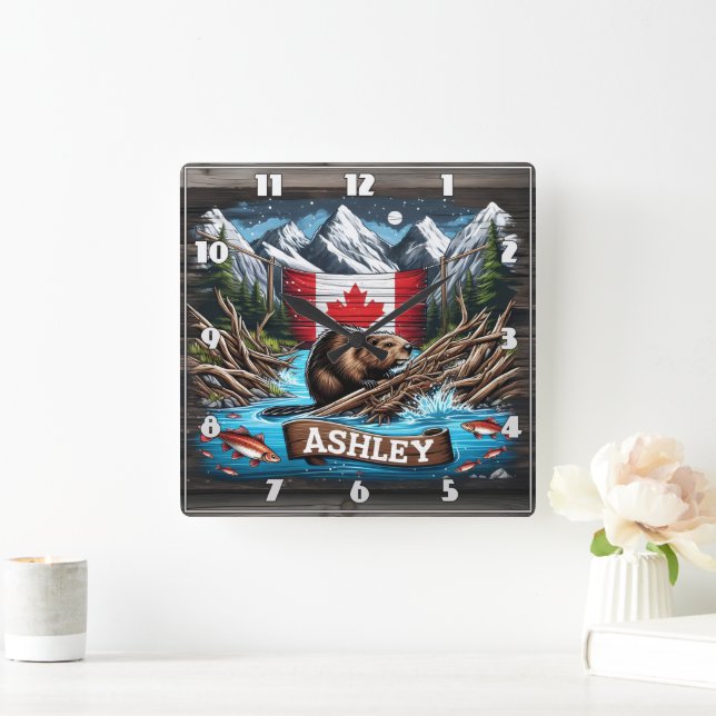 Beaver by Mountain and Ocean Square Wall Clock (Home)