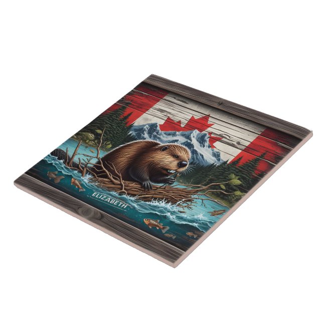 Beaver by Mountain, Canadian Flag Ceramic Tile (Side)