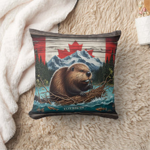 Beaver by Mountain, Canadian Flag Cushion