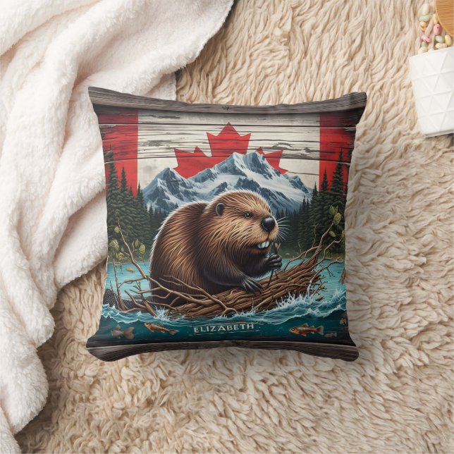 Beaver by Mountain, Canadian Flag Cushion (Blanket)