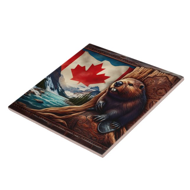 Beaver By River With Canadian Flag Ceramic Tile (Side)