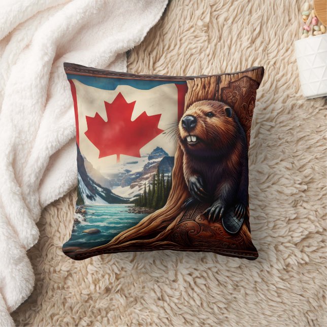 Beaver By River With Canadian Flag Cushion (Blanket)