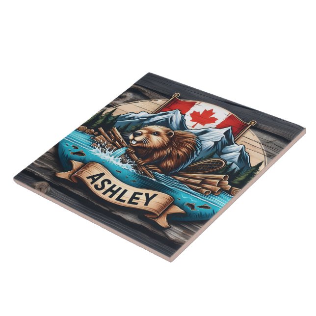 Beaver by River With Mountains Behind Ceramic Tile (Side)