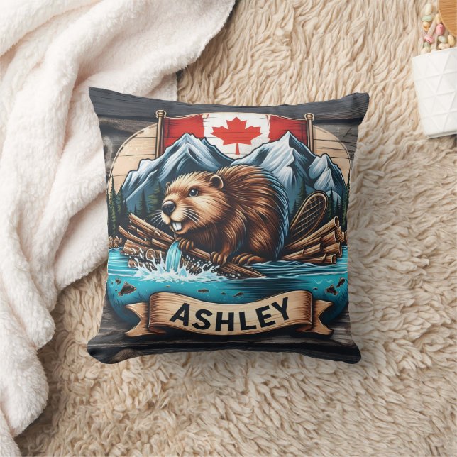 Beaver by River With Mountains Behind Cushion (Blanket)
