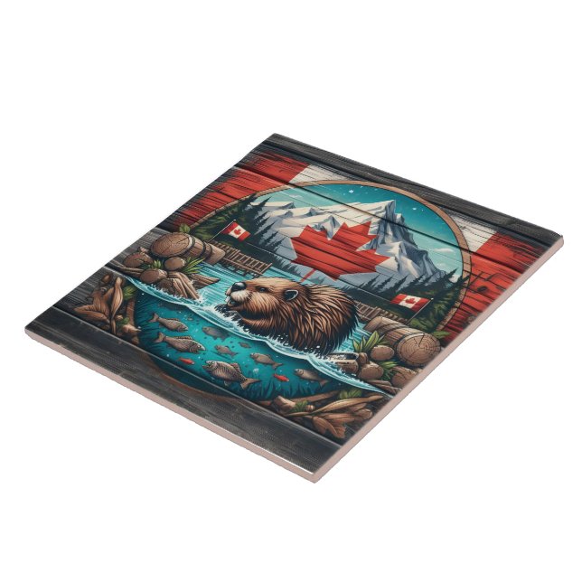 Beaver by Tree, Canadian Pride Ceramic Tile (Side)