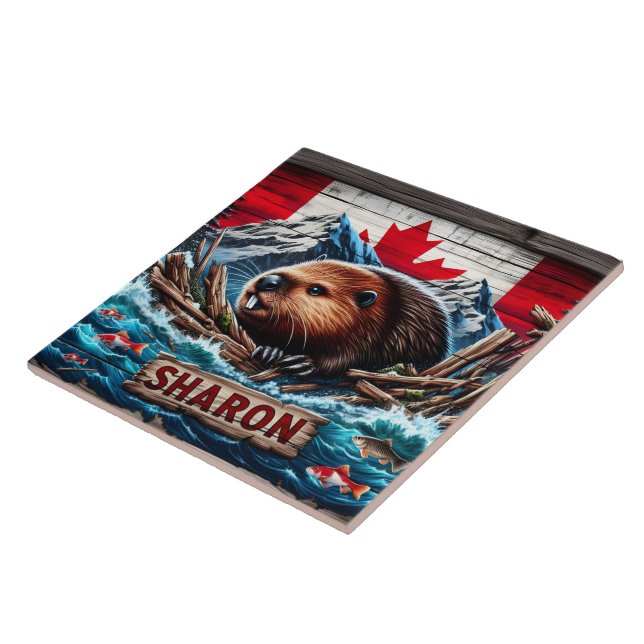 Beaver by Water With Canadian Flag Ceramic Tile (Side)