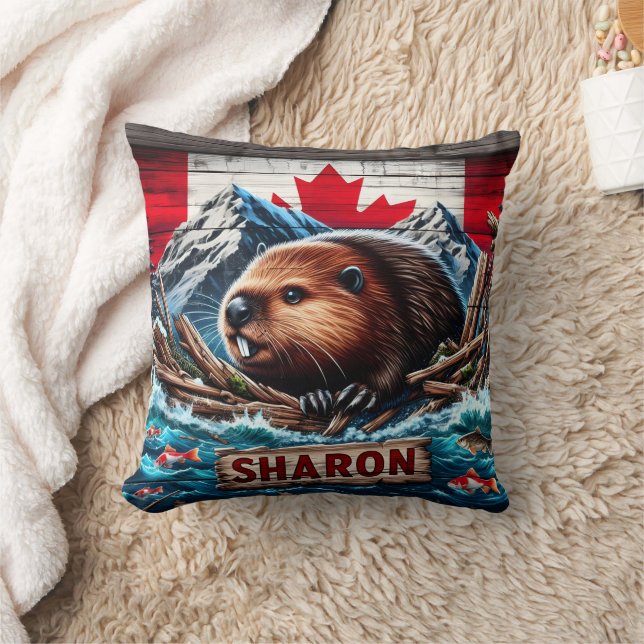 Beaver by Water With Canadian Flag Cushion (Blanket)
