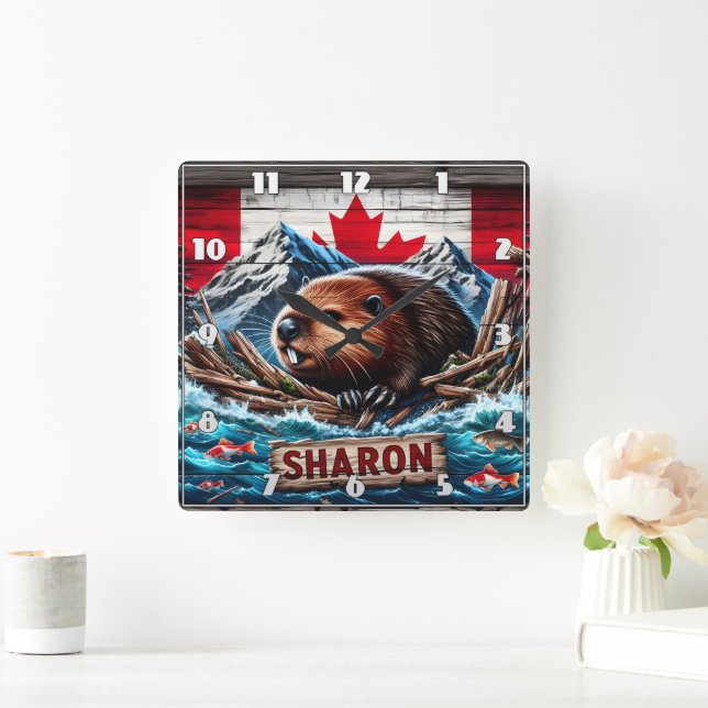 Beaver by Water With Canadian Flag Square Wall Clock (Home)