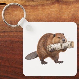 Beaver Carrying a Birch Log Key Ring