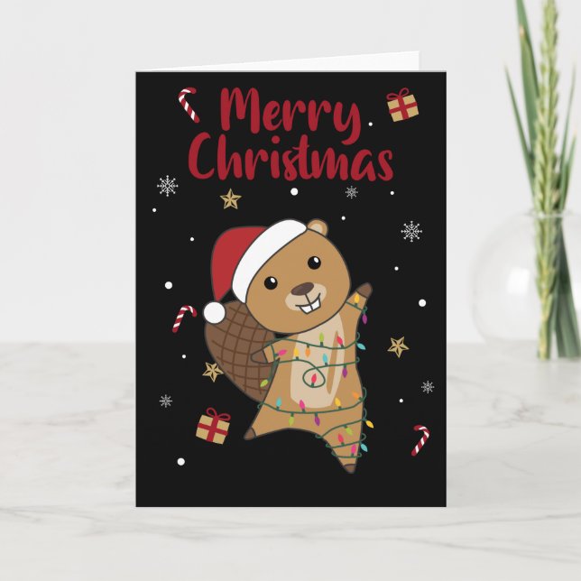Beaver Cheerful Christmas Winter Animals Beavers C Card (Front)