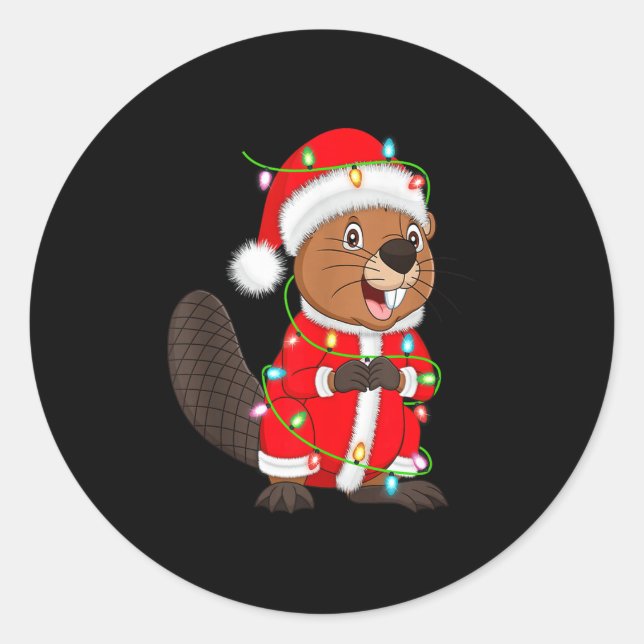Beaver Christmas Lights Santa Costume Cute Animal  Classic Round Sticker (Front)