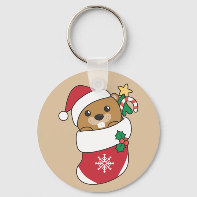 Beaver Christmas Snow Winter Animals Beaver Keycha Key Ring (Front)